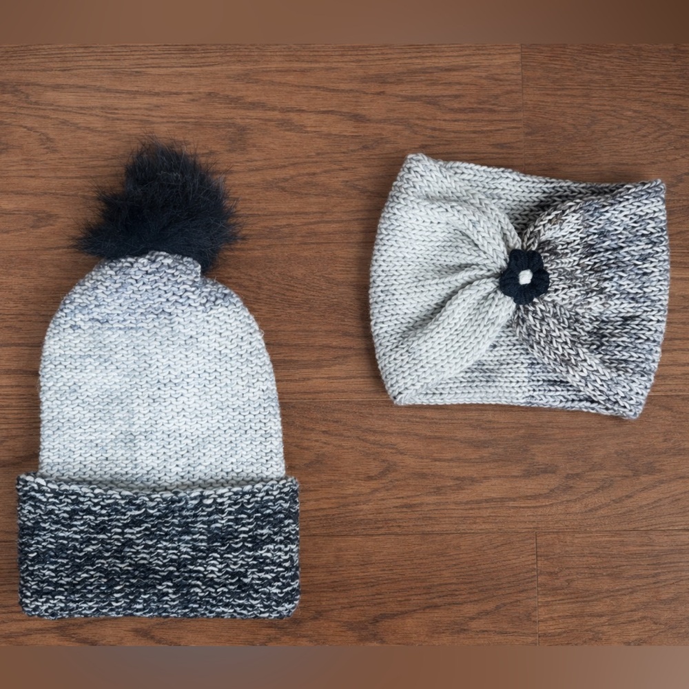 Cozy Knit Adult Hat and Headband Set - Black and Gray